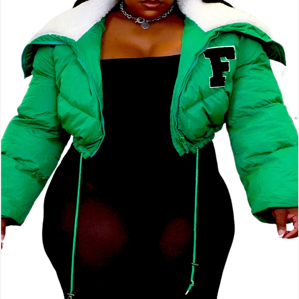 GREEN CROPPED VARSITY BOMBER TYPE JACKET